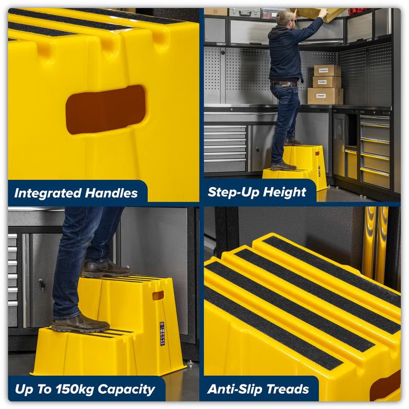 Sealey KS6 Heavy-Duty 2-Step Safety Steps with Anti-Slip Treads 150kg Capacity, Yellow - EN 14183