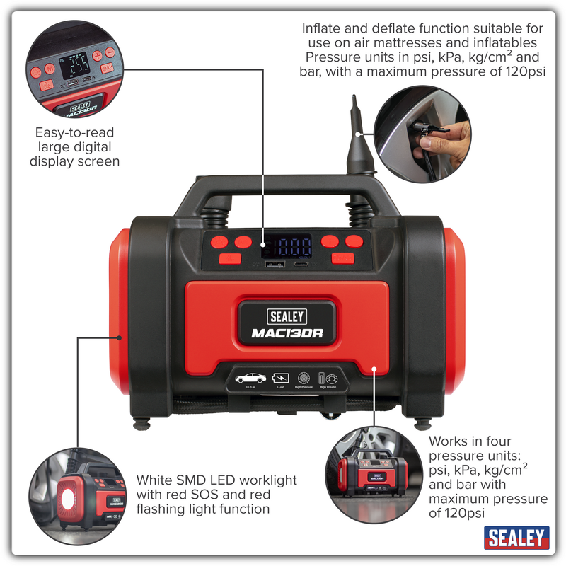 Sealey MAC13DR Rechargeable Tyre Inflator High Volume Air Pump 12V