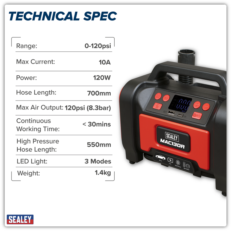 Sealey MAC13DR Rechargeable Tyre Inflator  High Volume Air Pump 12V