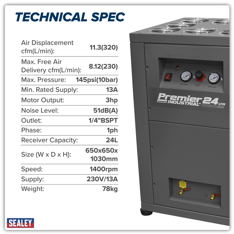 Sealey SAC01VLN 24L Oil Free Low Noise Direct Drive Air Compressor 3hp