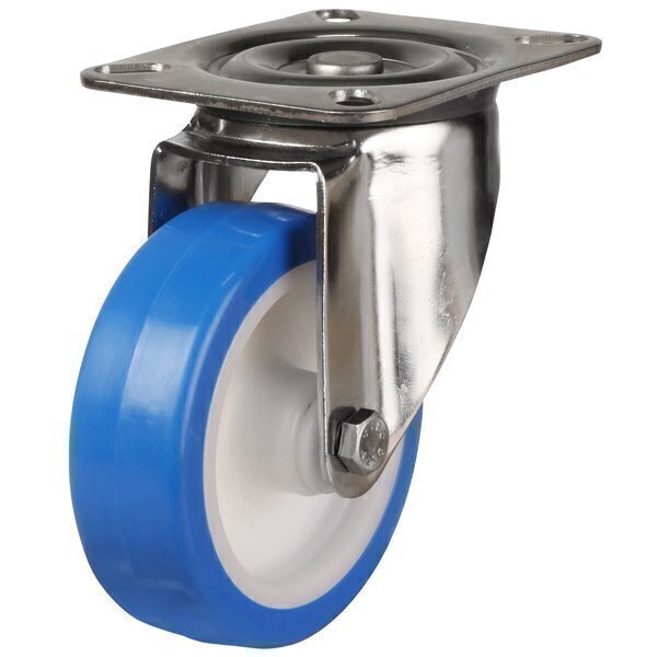 SS100DR4EPN 100mm Stainless Steel Blue Elastic Polyurethane - Swivel 4 Bolt Hole Unbraked 