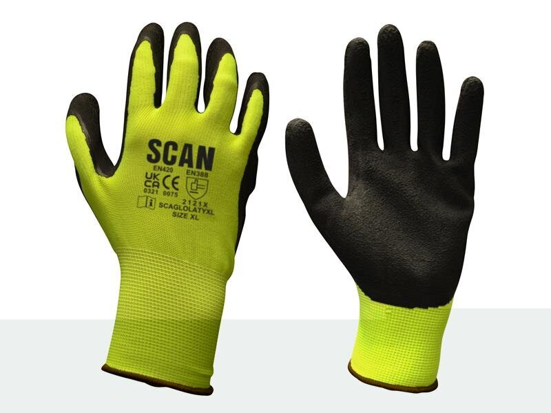 Scan Hi-Vis Yellow Foam Latex Coated Gloves - M (Size 8)