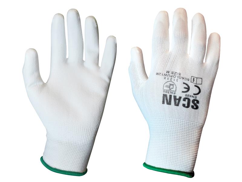 Scan White PU Coated Gloves - M (Size 8) (Pack 12)