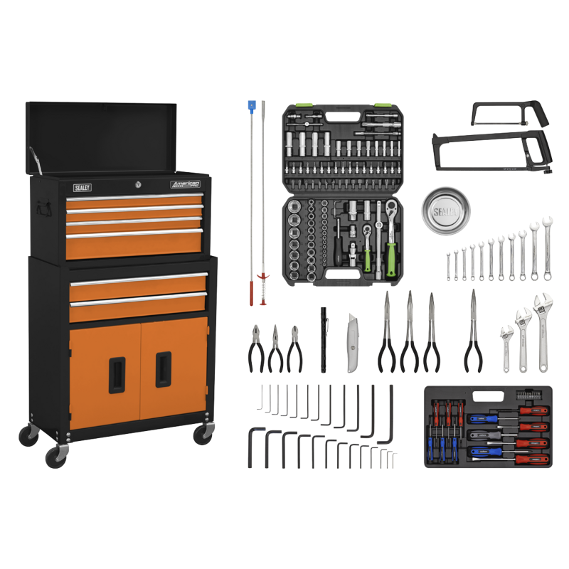 Sealey AP22OCOMBO Topchest  Rollcab Combination 6 Drawer with Ball-Bearing Slides - Orange/Black  170pc Tool Kit