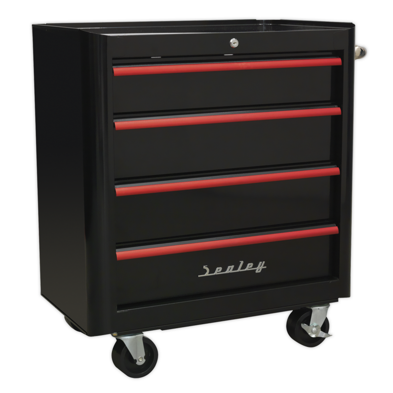 Sealey AP28204BR Rollcab 4 Drawer Retro Style- Black with Red Anodised Drawer Pulls