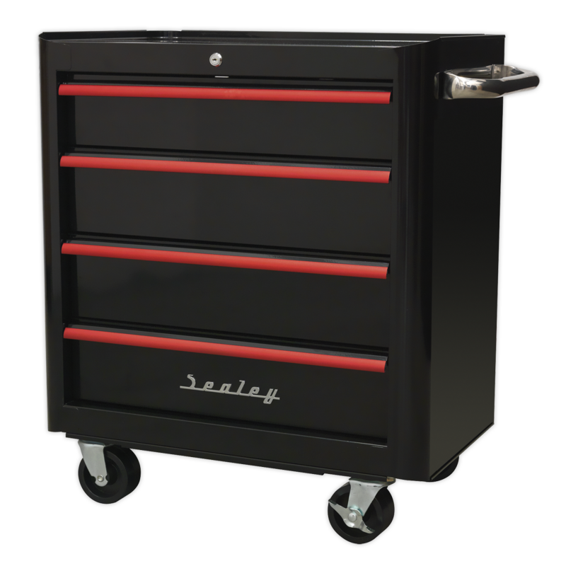 Sealey AP28204BR Rollcab 4 Drawer Retro Style- Black with Red Anodised Drawer Pulls