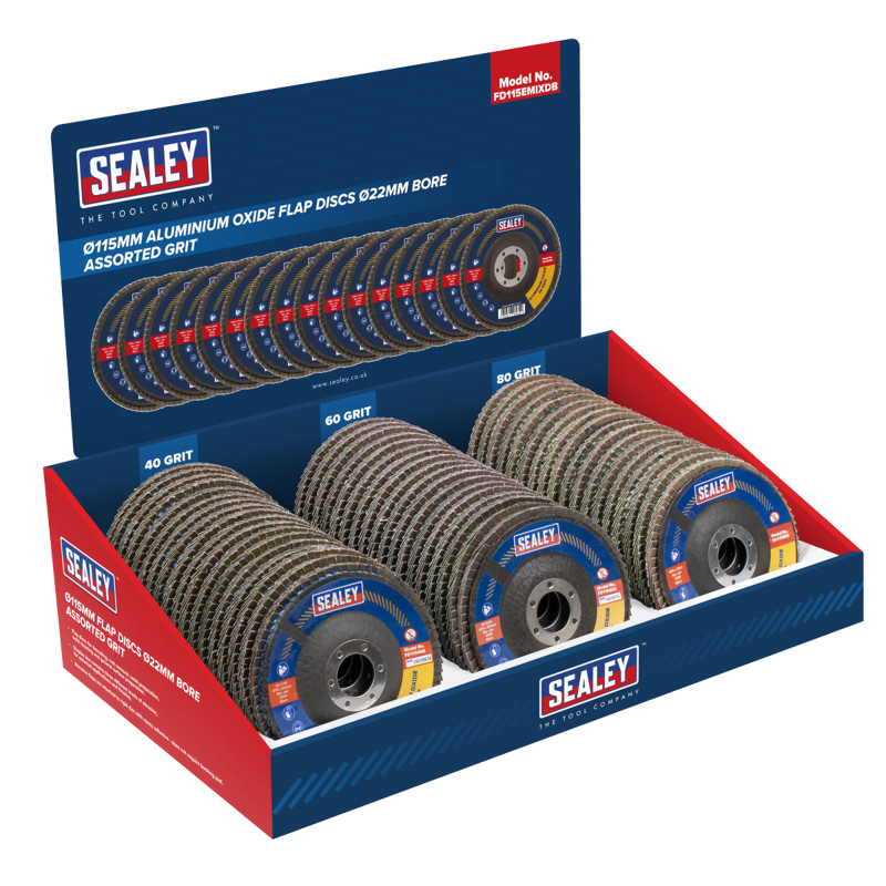 Sealey FD115EMIXDB Assorted Grit Flap Discs Aluminium Oxide 115mm 22mm Bore (Display Box of 60)