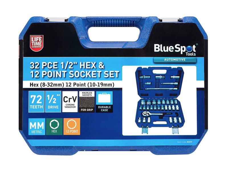 BlueSpot Tools 1/2in Hex 12 Point Socket Set, 32 Piece