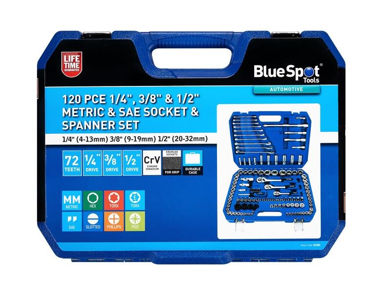 BlueSpot Tools 1/2in, 3/8in 1/4in Metric Socket Set, 120 Piece