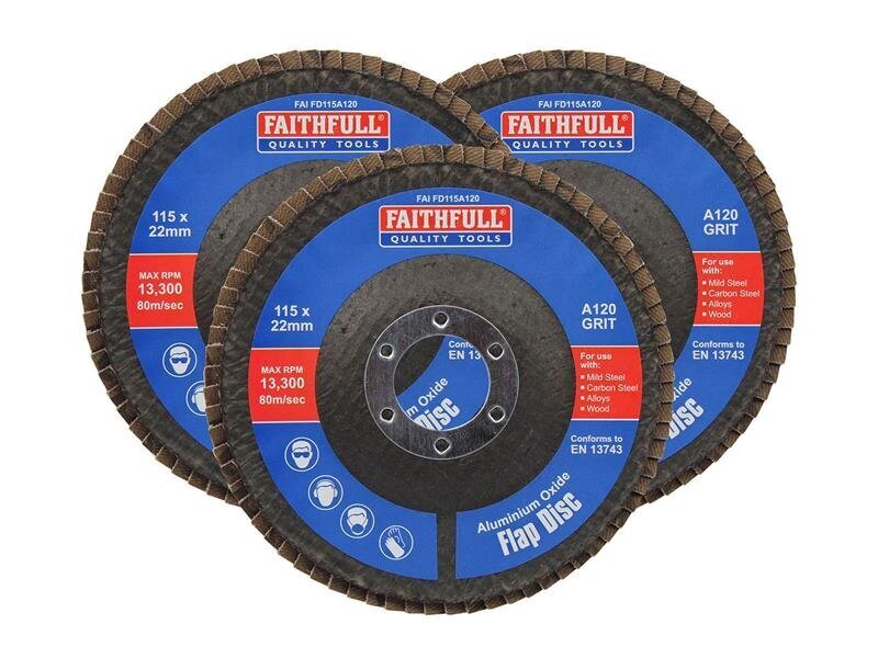 Faithfull Aluminium Oxide Flap Disc 115 x 22mm 120 Grit (3 Pack)