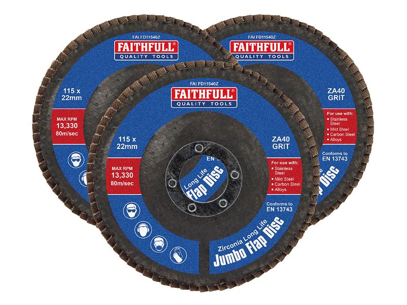 Faithfull Zirconia Abrasive Jumbo Flap Disc 115 x 22mm 40 Grit (3 Pack)