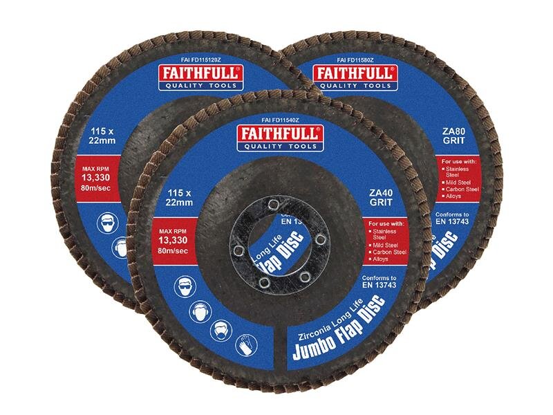 Faithfull Zirconia Abrasive Jumbo Flap Disc 115 x 22mm Mixed Grit (3 Pack)