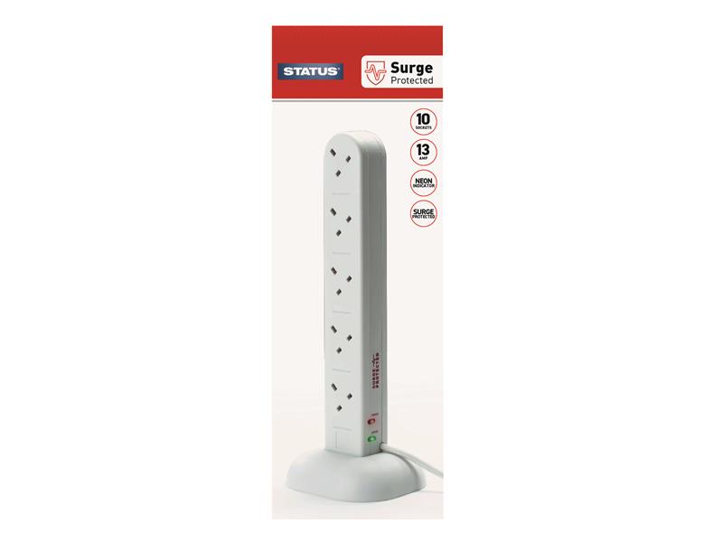 STATUS Surge Protected Tower Multi Plug Extension 240V 10-Gang 13A White 2m