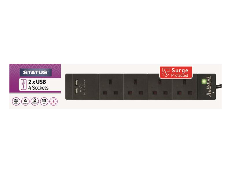 STATUS Extension Lead 240V 4-Gang  2 USB 13A 2m Black