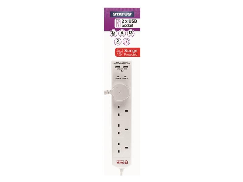 STATUS Extension Lead 240V 4-Gang  2 USB 13A 2m White