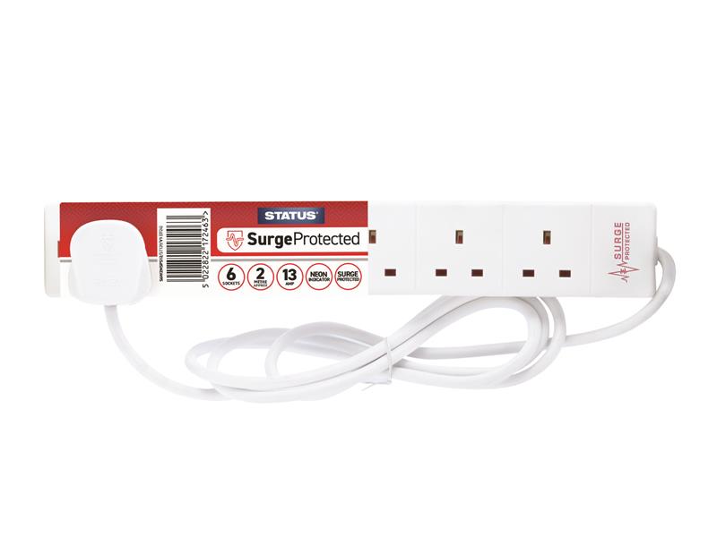 STATUS Surge Protected Extension Lead 240V 6-Gang 13A White 2m