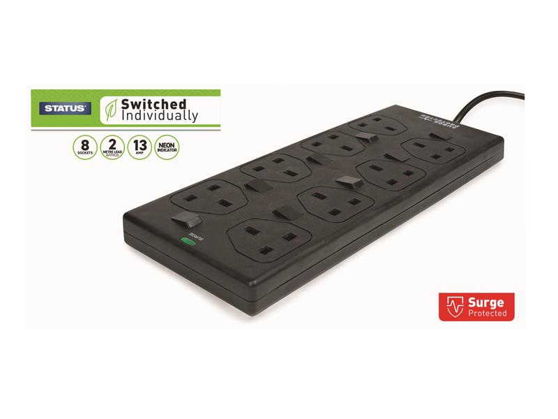 STATUS Individually Switched Extension Lead 240V 8-Gang 13A Black 2m