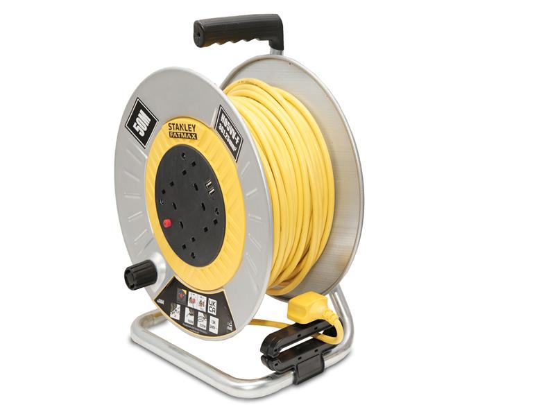 STANLEY Electrical Open Metal Drum Cable Reel 240V 13A 4-Socket  2 USB 50m