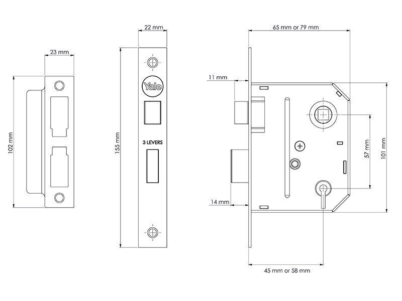 Yale Locks PM320 3 Lever Mortice Sashlock Polished Brass 79mm 3in