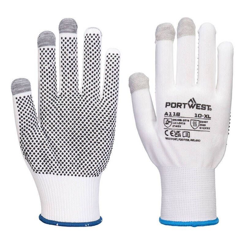 Portwest Grip 13 PVC Dotted Touchscreen Glove (Pk12) (White/Grey / XXL / R)