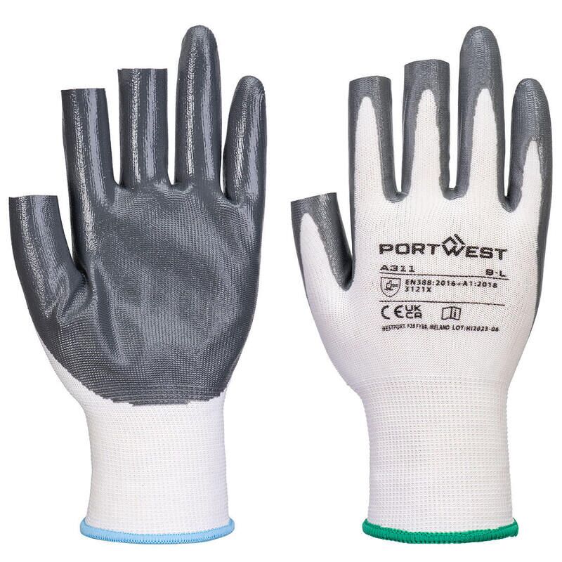 Portwest Grip 13 Nitrile 3 Fingerless Glove (Pack of 12) (White/Grey / XXL)