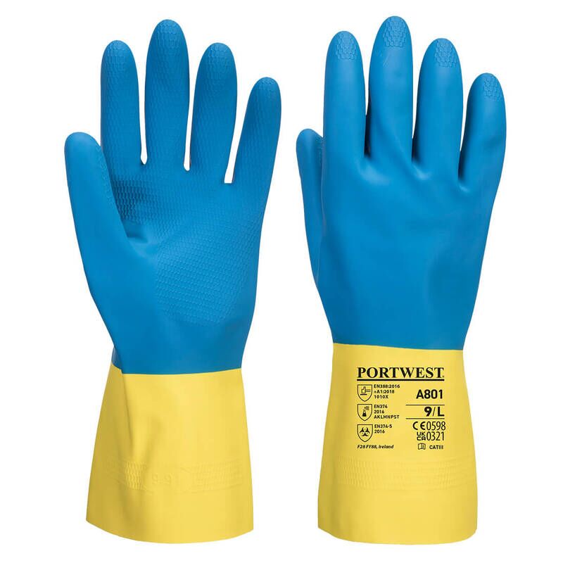 Portwest Double Dipped Latex Gauntlet (Yellow/Blue / M / R)