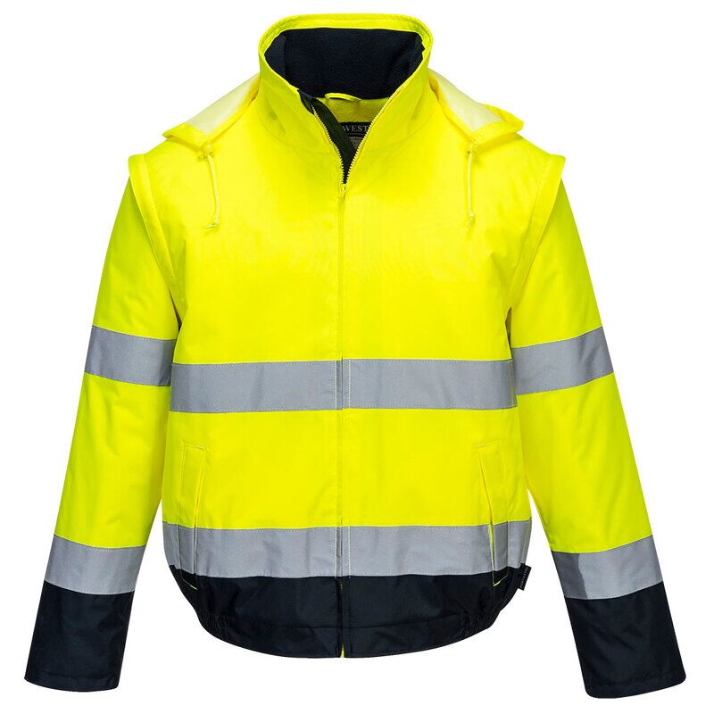 Portwest Hi-Vis 2-in-1 Contrast Essential Lite Bomber Jacket (Yellow/Navy / XXL / Regular Fit)