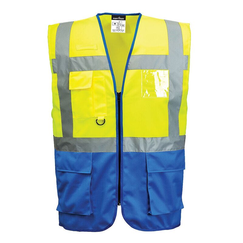 Portwest Warsaw Hi-Vis Contrast Executive Vest (Yellow/Royal / L / Regular Fit)