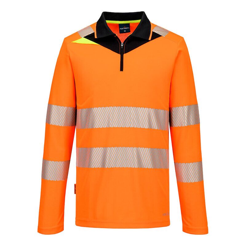 Portwest DX4 Hi-Vis Zip Long Sleeved Polo-Shirt (Orange/Black / XL / Regular Fit)