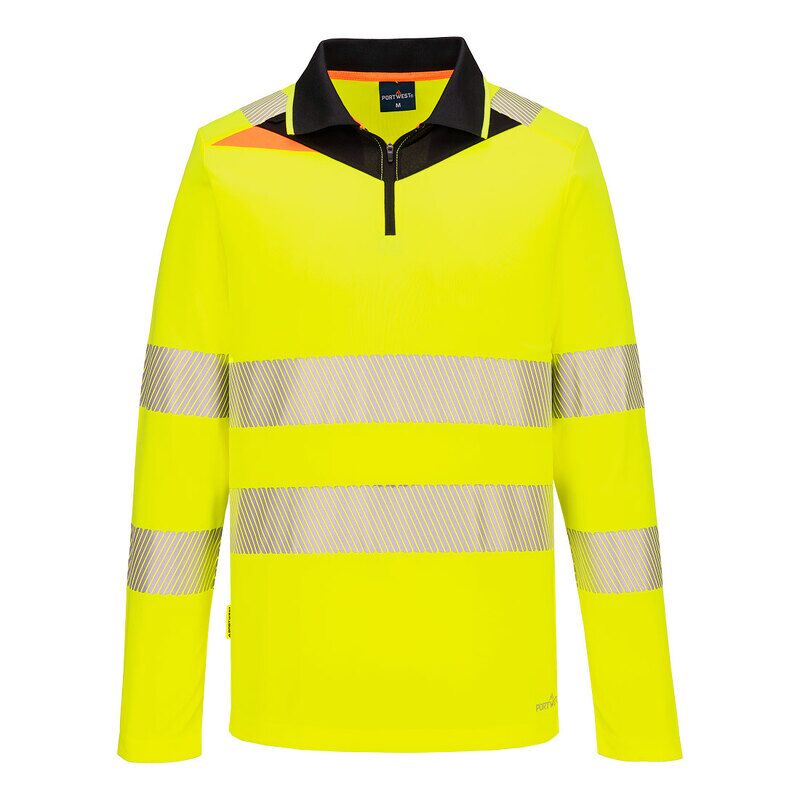 Portwest DX4 Hi-Vis Zip Long Sleeved Polo-Shirt (Yellow/Black / 6XL / Regular Fit)
