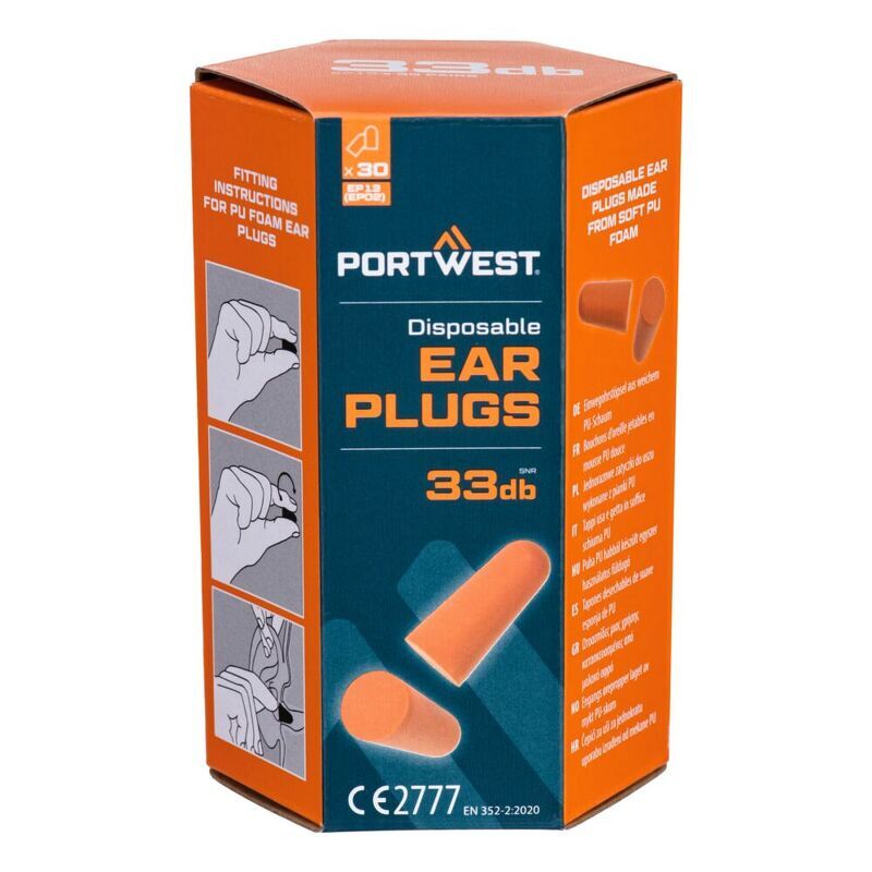 Portwest PU Foam Ear Plugs (30 Pairs) (Orange / R)
