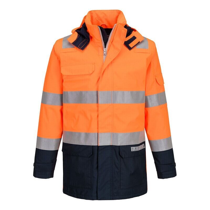 Portwest Bizflame Rain+ Hi-Vis Multi-Norm Contrast Flame Resistant Jacket (Orange/Navy / L / Regular Fit)