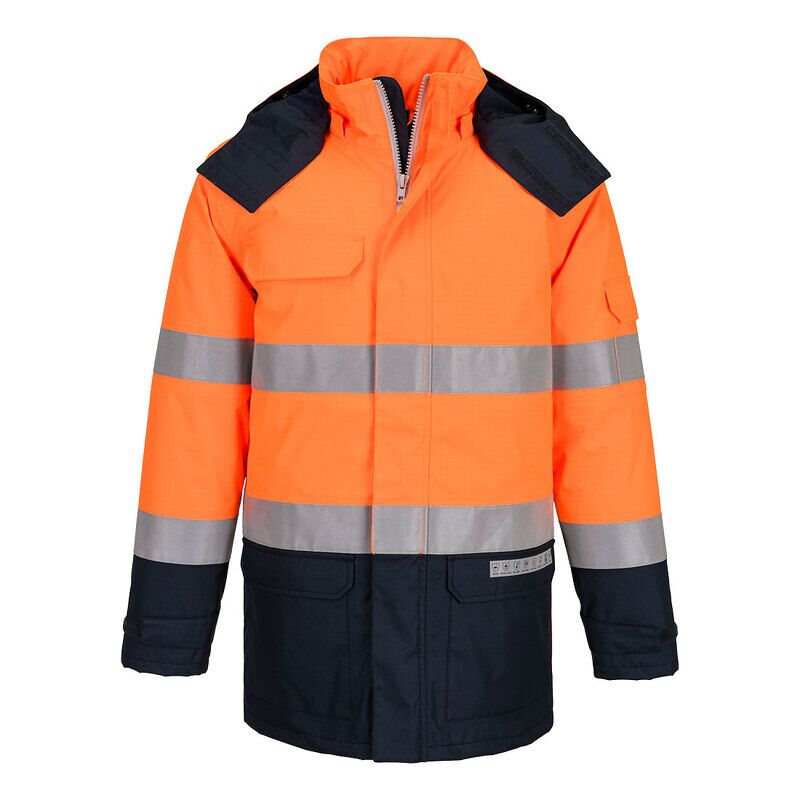 Portwest Bizflame Rain+ Hi-Vis Multi-Norm Contrast Flame Resistant Winter Jacket (Orange/Navy / XXL / Regular Fit)