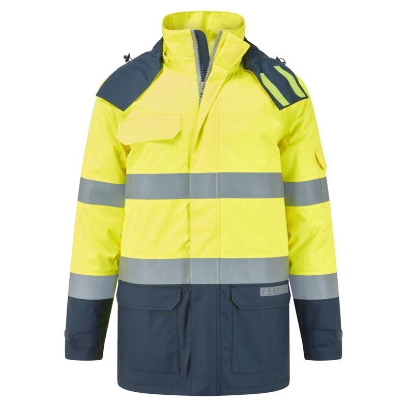 Portwest Bizflame Rain+ Hi-Vis Multi-Norm Contrast Flame Resistant Winter Jacket (Yellow/Navy / XXXL / Regular Fit)