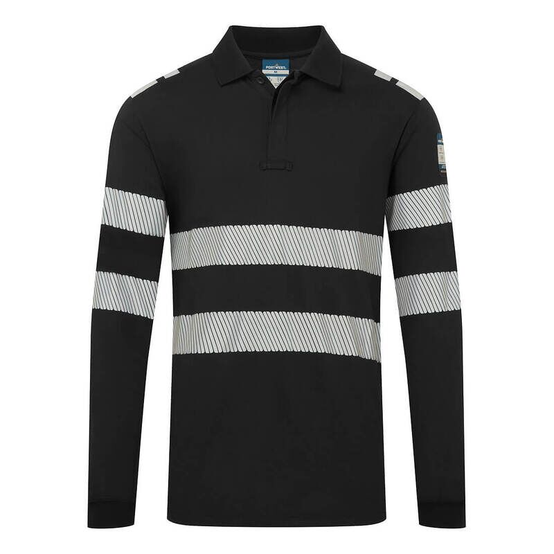 Portwest PW3 Modaflame Knit Flame Resistant Long Sleeve Polo Shirt (Black / L / Regular Fit)