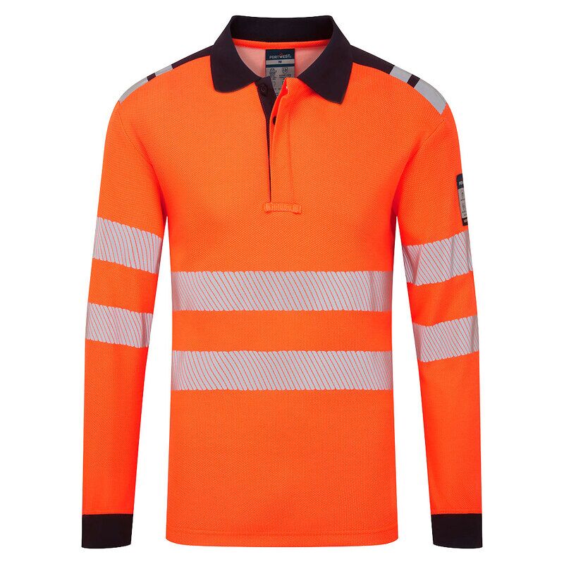 Portwest PW3 Modaflame Knit HVO Flame Resistant Long Sleeve Polo Shirt (Orange/Navy / XL / Regular Fit)