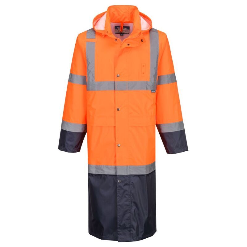 Portwest Hi-Vis Contrast Raincoat 122cm (Orange/Navy / L / Regular Fit)