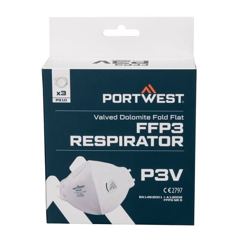 Portwest FFP3 Valved Dolomite Fold Flat Respirator (Pk3) (White / R)