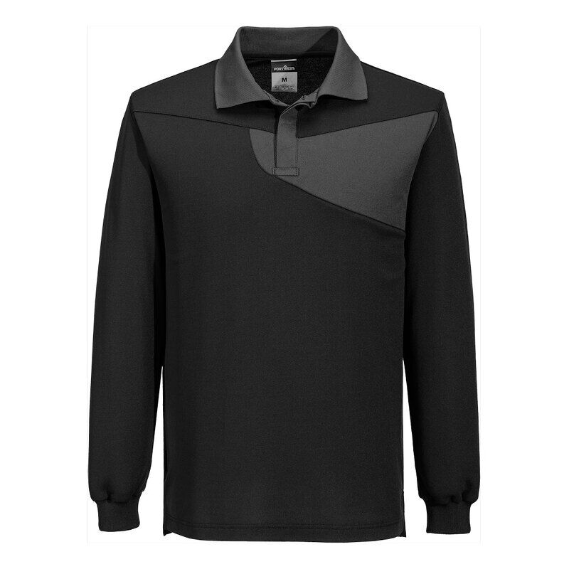 Portwest PW2 Cotton Comfort Long Sleeved Polo-Shirt (Black/Zoom Grey / XL / Regular Fit)