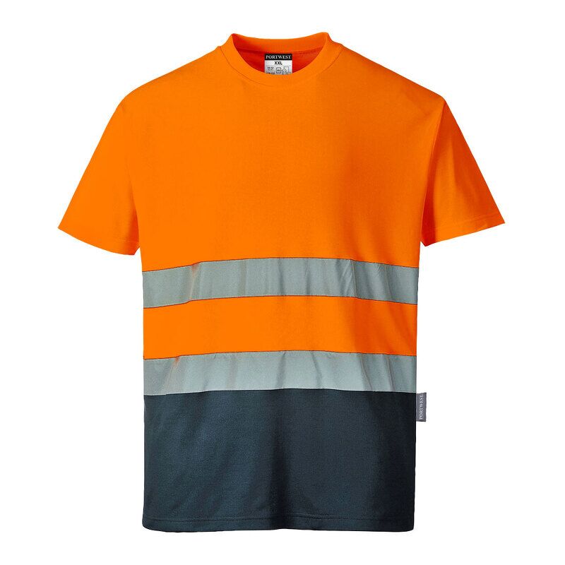 Portwest Hi-Vis Cotton Comfort Contrast Short Sleeved T-Shirt  (Orange/Navy / 4XL / Regular Fit)