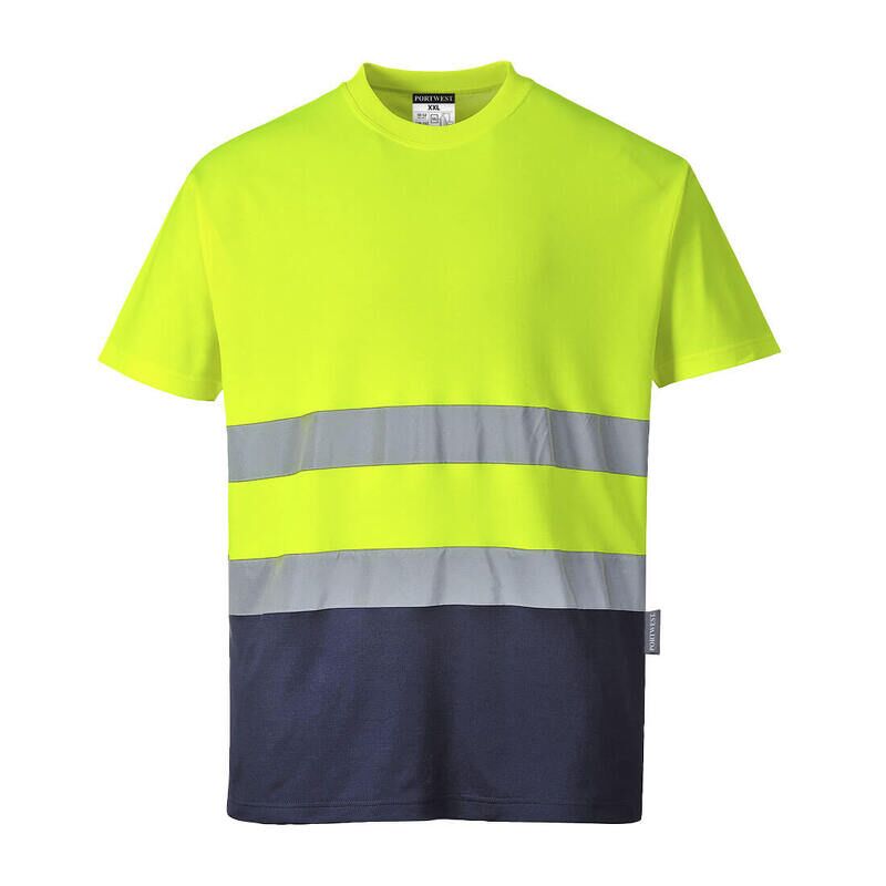 Portwest Hi-Vis Cotton Comfort Contrast Short Sleeved T-Shirt (Yellow/Navy / M / Regular Fit)