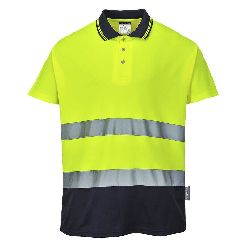 Portwest Hi-Vis Cotton Comfort Contrast Short Sleeved Polo Shirt (Yellow/Navy / XL / Regular Fit)