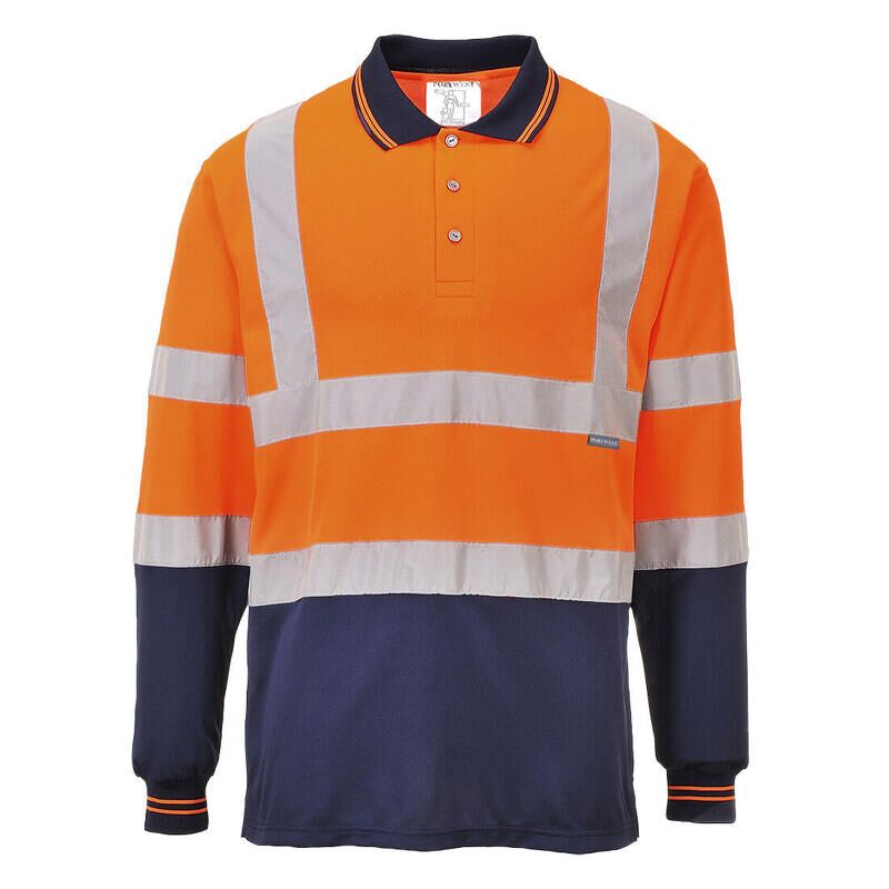 Portwest Hi-Vis Contrast Long Sleeved Polo Shirt (Orange/Navy / S / Regular Fit)