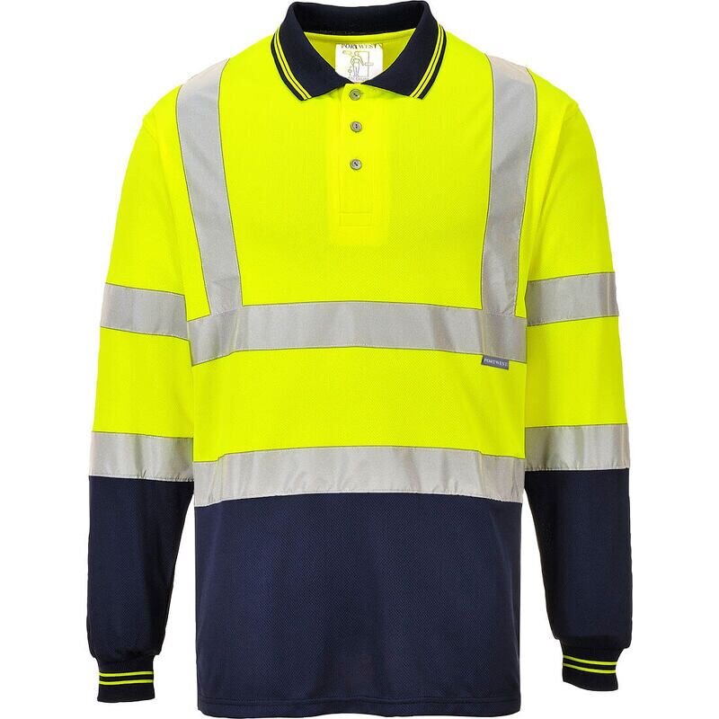 Portwest Hi-Vis Contrast Long Sleeved Polo Shirt (Yellow/Navy / XXL / Regular Fit)