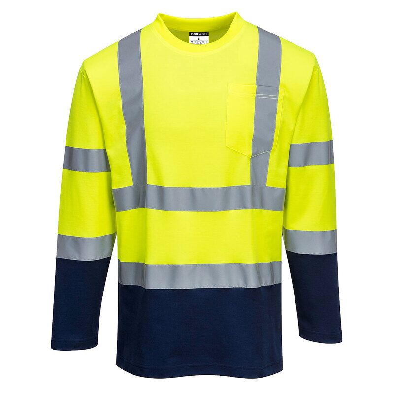 Portwest Hi-Vis Cotton Comfort Contrast Long Sleeved T-Shirt  (Yellow/Navy / M / Regular Fit)
