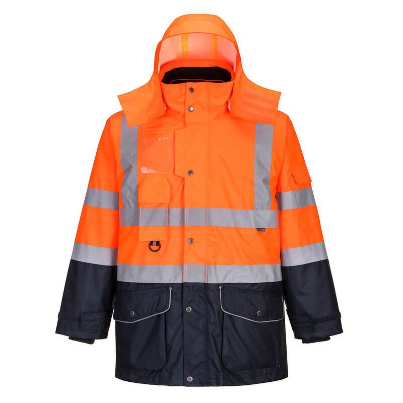 Portwest Hi-Vis Breathable 7-in-1 Contrast Traffic Jacket (Orange/Navy / M / Regular Fit)