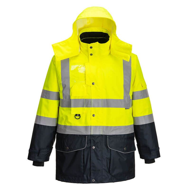 Portwest Hi-Vis Breathable 7-in-1 Contrast Traffic Jacket (Yellow/Navy / M / Regular Fit)