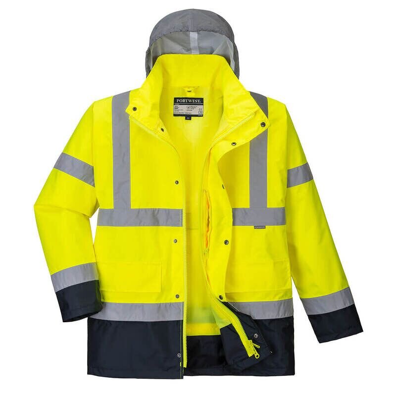 Portwest Hi-Vis 4-in-1 Contrast Traffic Jacket (Yellow/Navy / XXL / Regular Fit)