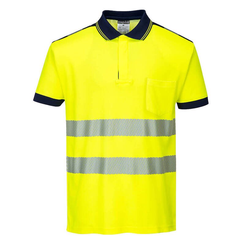 Portwest PW3 Hi-Vis Cotton Comfort Short Sleeved Polo Shirt (Yellow/Navy / XS / Regular Fit)