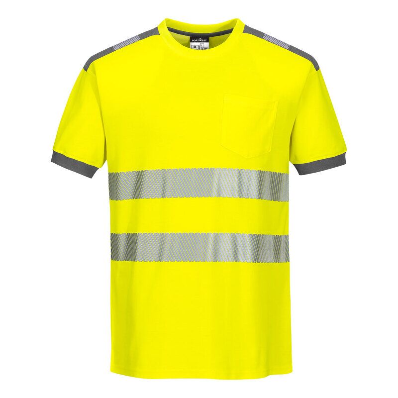 Portwest PW3 Hi-Vis Cotton Comfort Short Sleeved T-Shirt  (Yellow/Grey / S / Regular Fit)